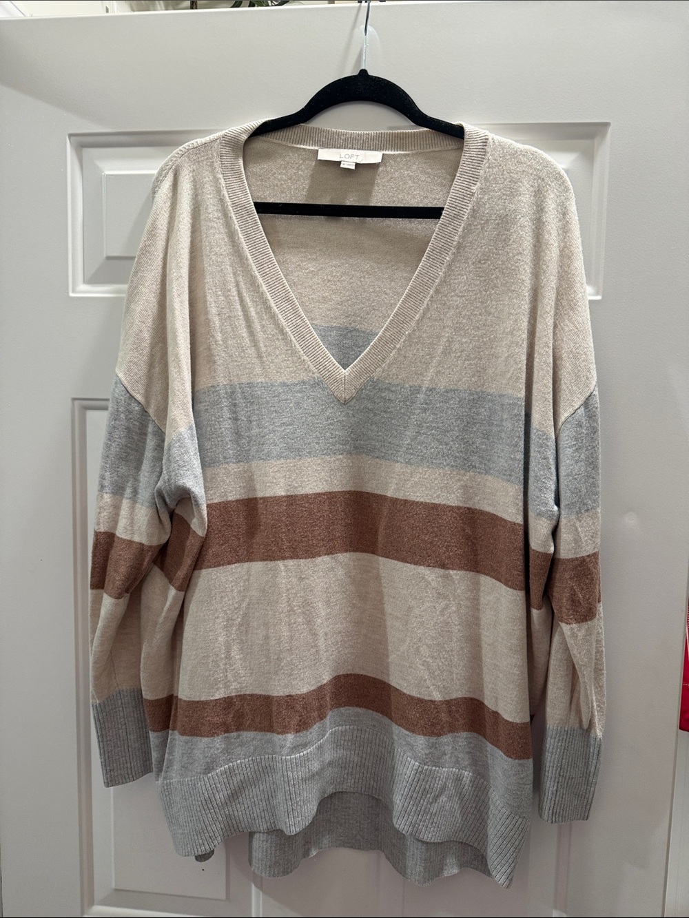 LOFT Oversized V-Neck Stripe Sweater in Beige, Gray & Brown